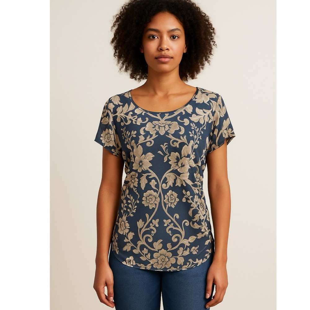 INC Floral Print Navy and Beige Top Size L